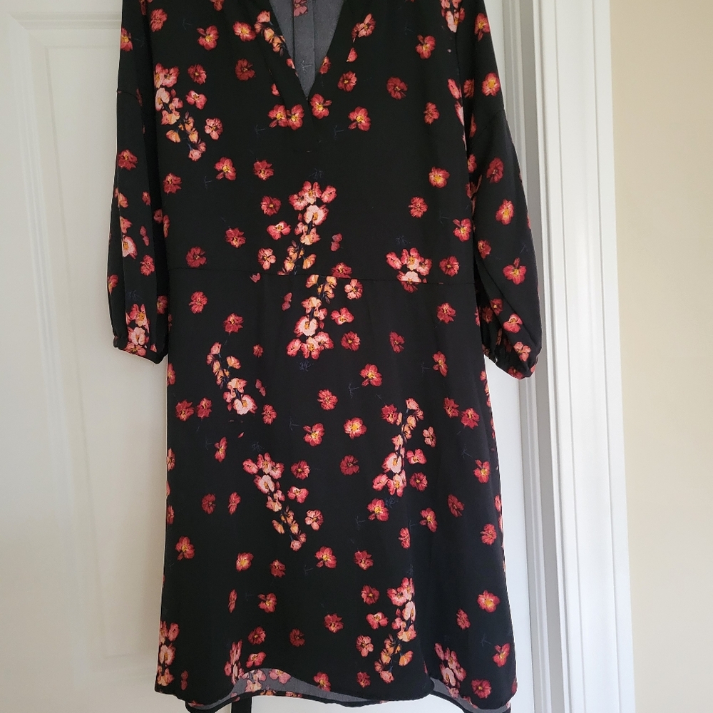 A New Day Orange/Red/Black Floral Tie Waist Dress - Size L